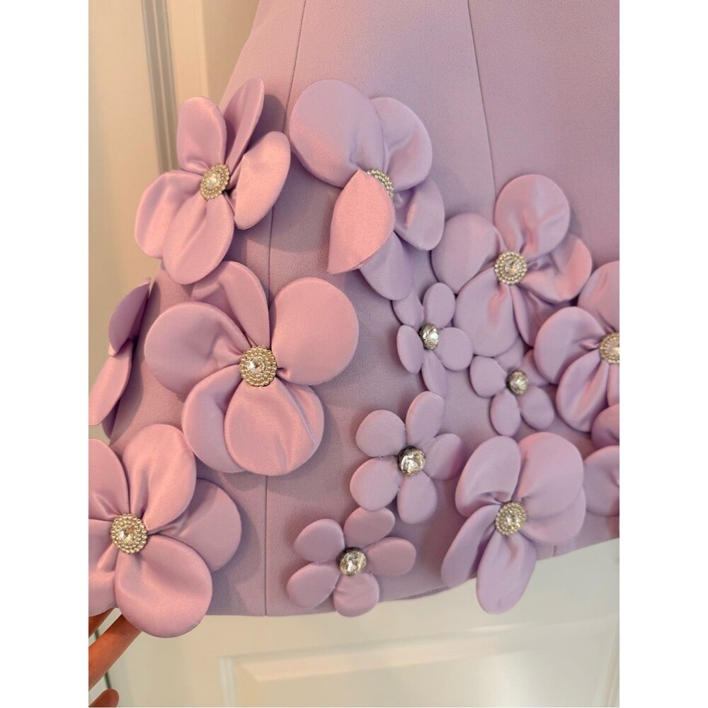 New Bronx Banco 3D floral Estelle Lavender Mini Dress, Lilac Floral Appliqué - Picture 15 of 16